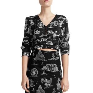 MAJE Letilla Printed V-neck Cropped Top Blouse In Black Size 1/ Small